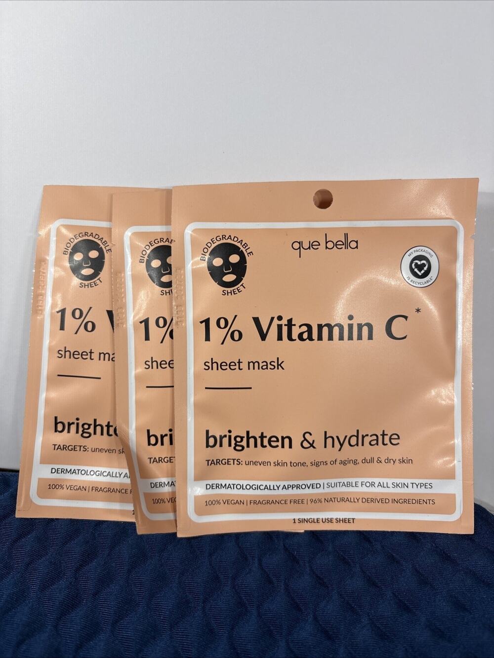 Que Bella Vitamin C Sheet Mask Brighten Hydrate Vegan Fragrance-Free Single Use
